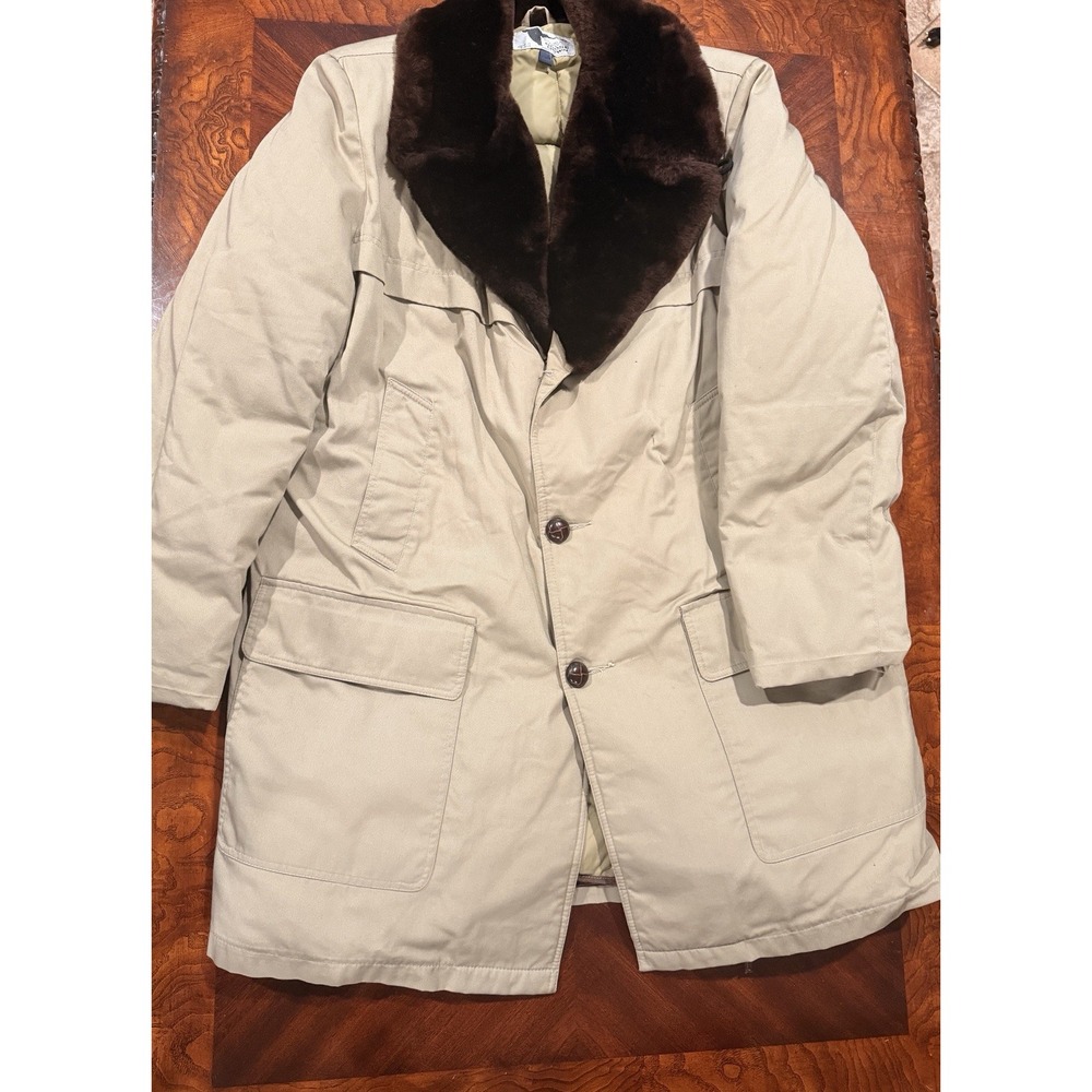 Vintage Orvis Goose Down Coat Mens 44 Made Canada Tan Faux Fur Collar Jacket